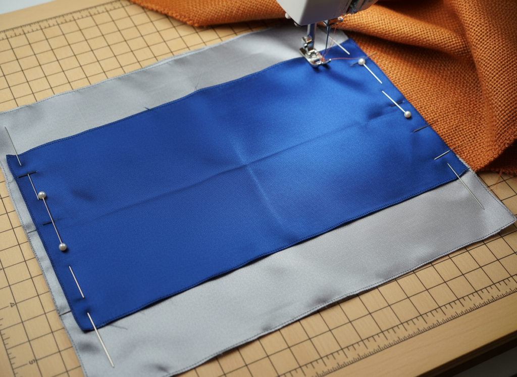 lining fabric pieces positioned for sewing