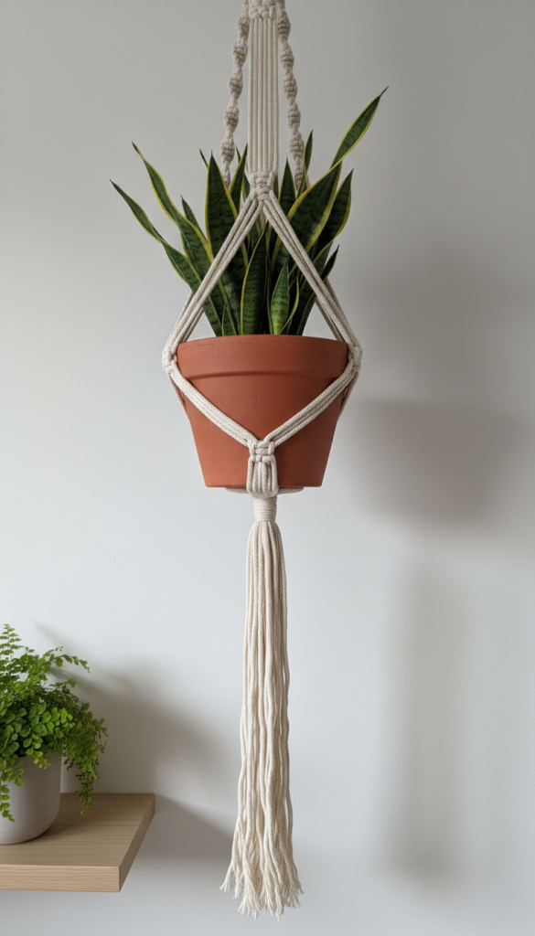 macrame plant hanger made from t-shirt strips holding potted plant