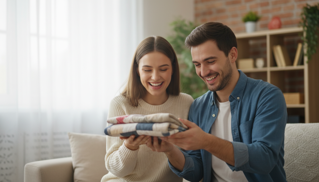 man receiving handmade sewn gift from girlfriend showing appreciation and love