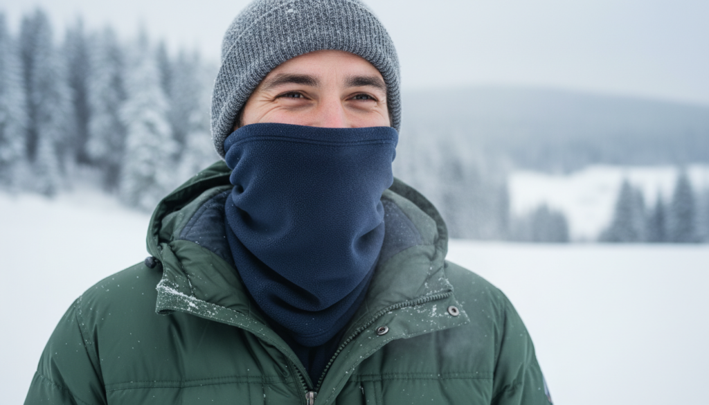 man wearing handmade fleece neck warmer outdoors in winter