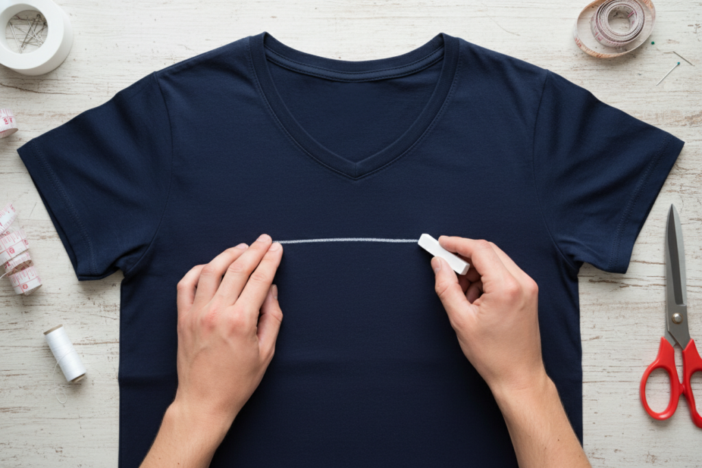 marking v-neck line on t-shirt with chalk