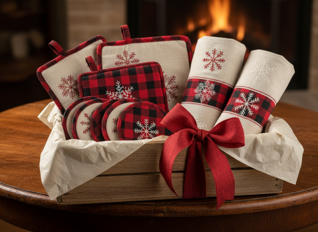 matching set of handmade kitchen items in coordinating christmas fabrics
