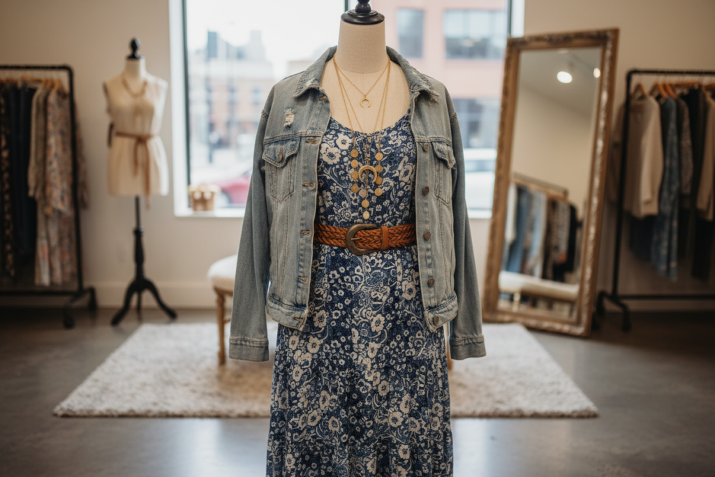 maxi dress styled with accessories on mannequin