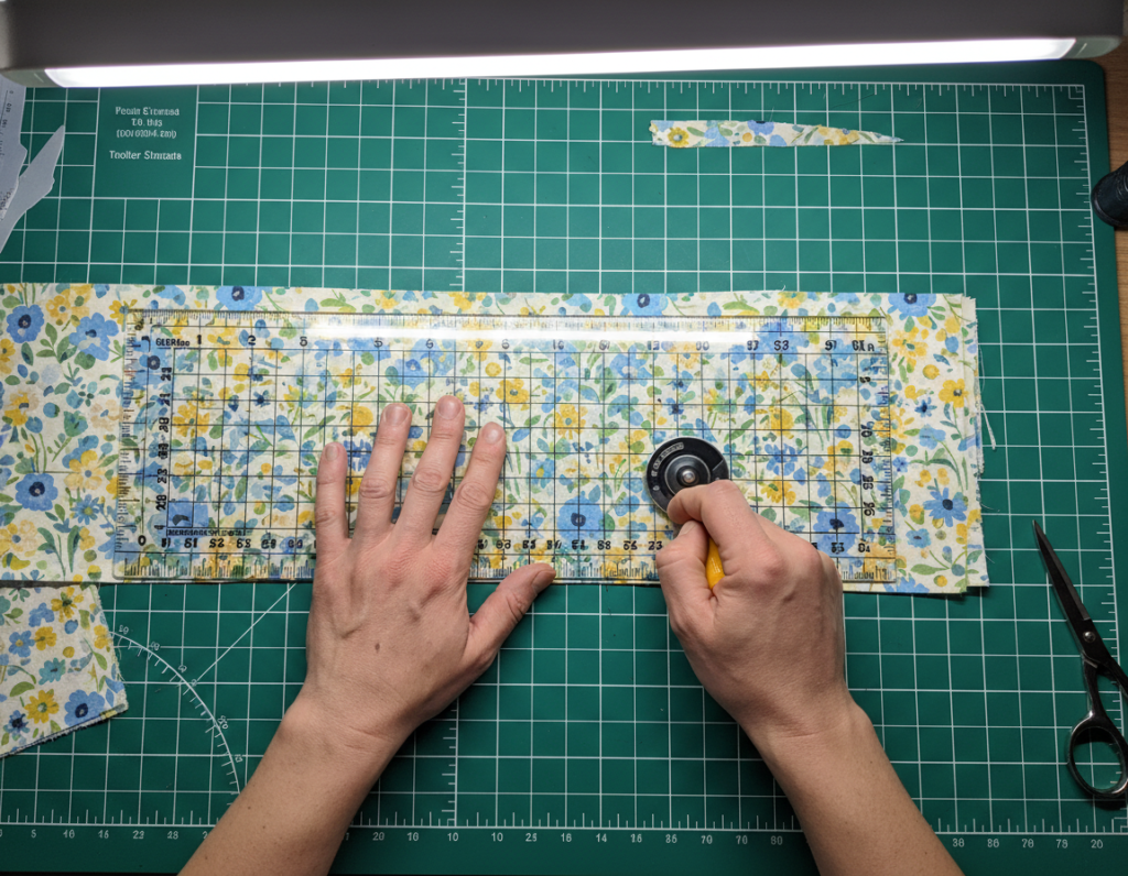 measuring and cutting fabric on gridded mat