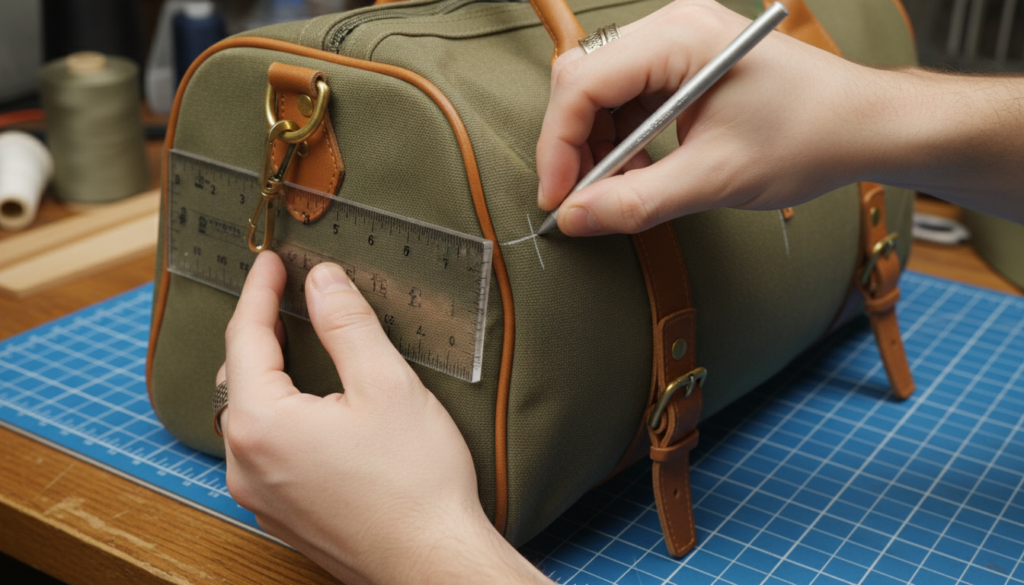 measuring strap placement on bag opening