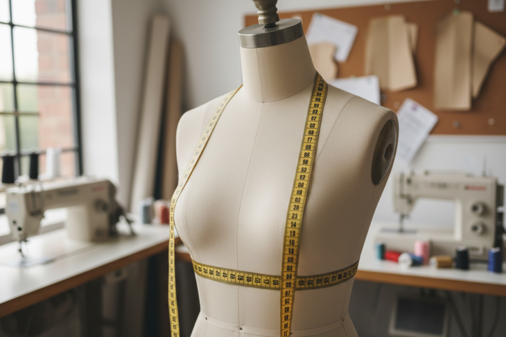 measuring tape around dress form showing bust measurement