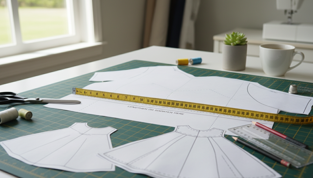 measuring tape on dress pattern for adjustments