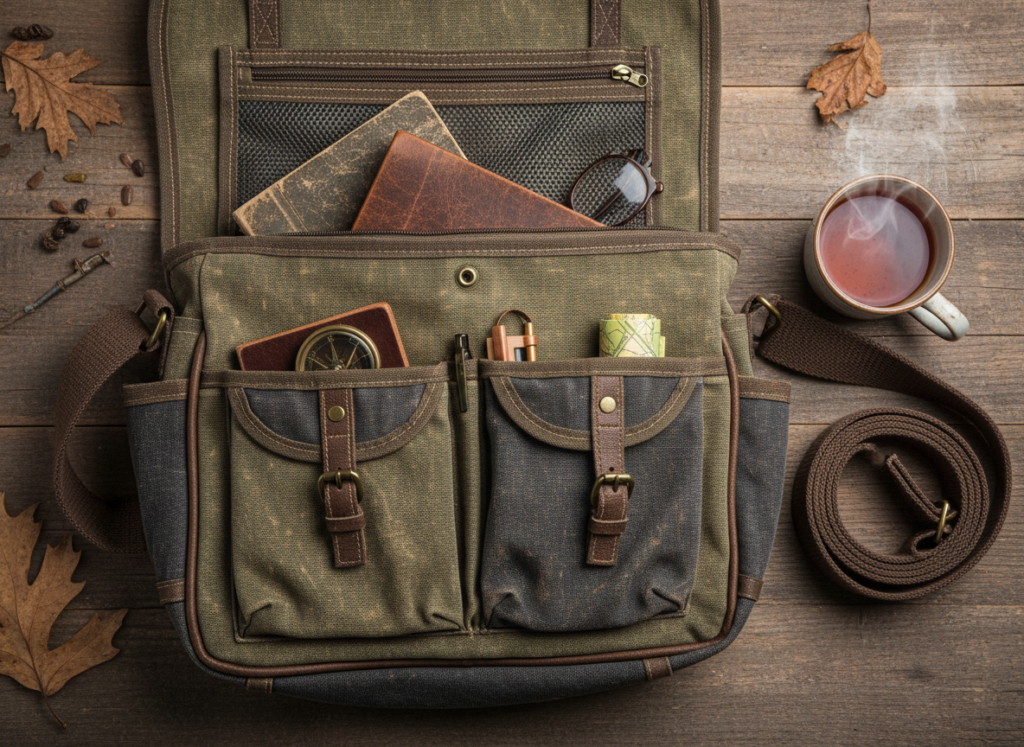 messenger bag construction showing interior pockets