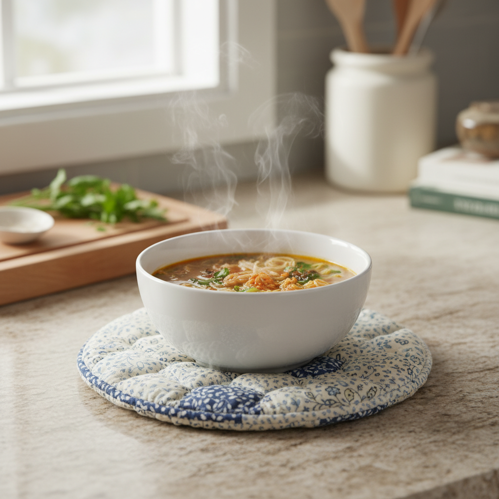 microwave-safe fabric bowl cozy with quilted design