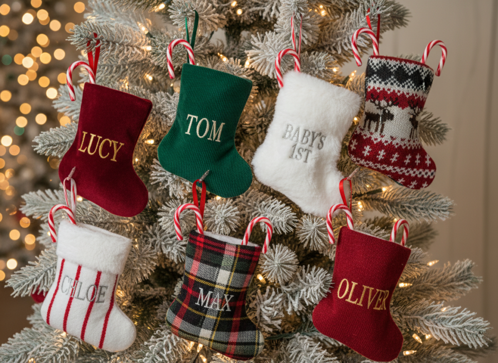 miniature fabric Christmas stockings hanging as ornaments