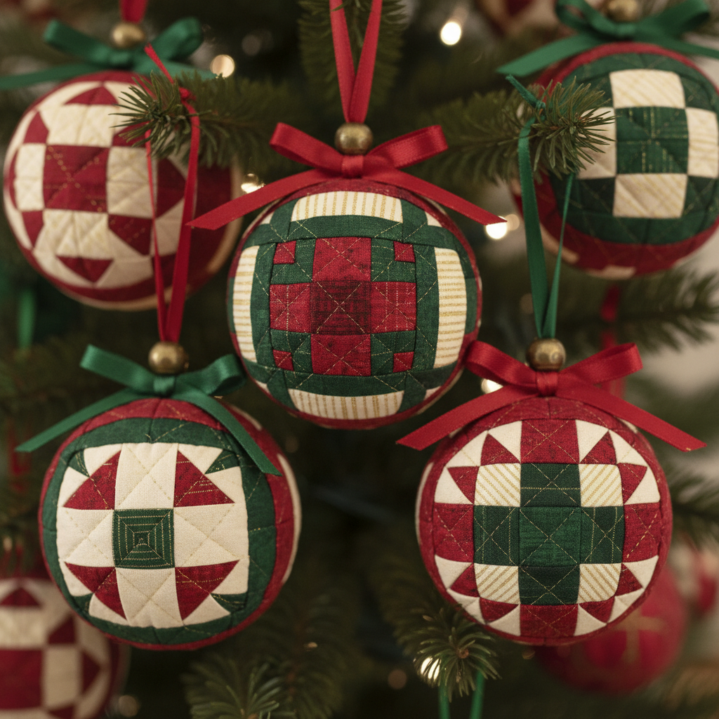 miniature quilted ornaments with traditional patterns