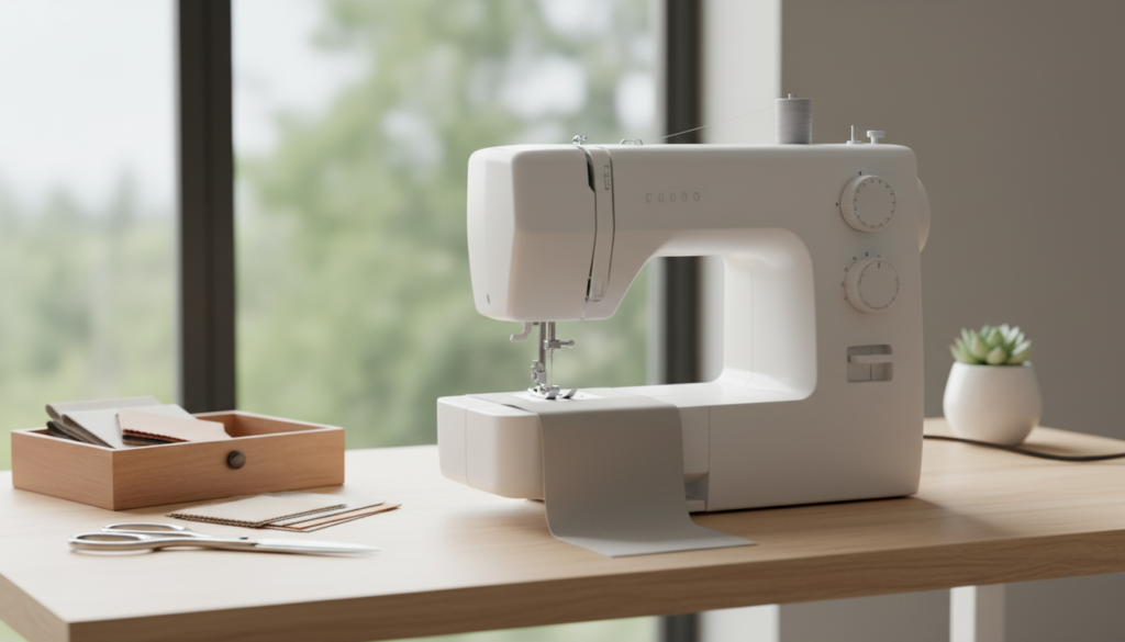 modern beginner sewing machine on clean workspace