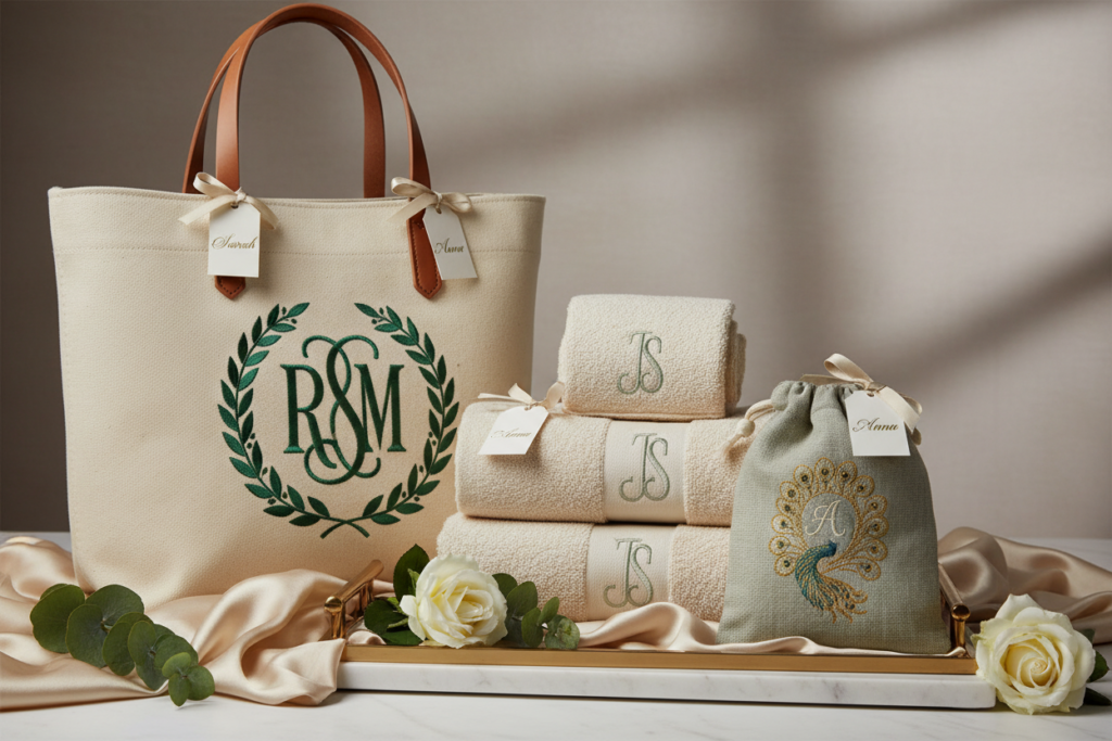 monogrammed fabric gifts with embroidered initials