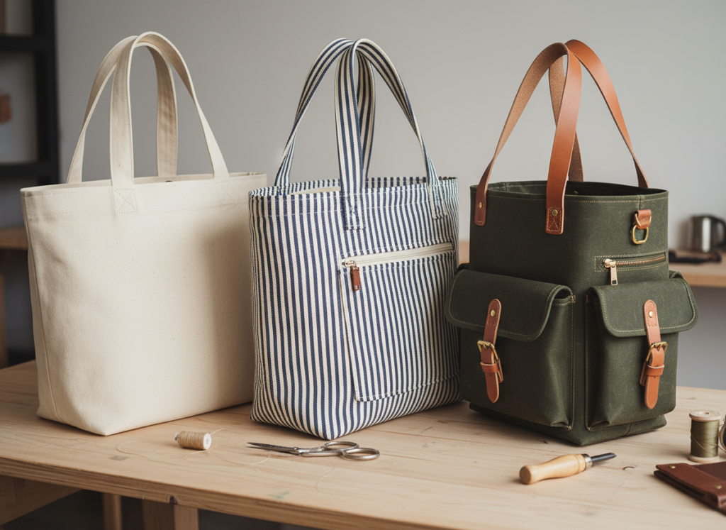 multiple completed tote bags showing skill progression