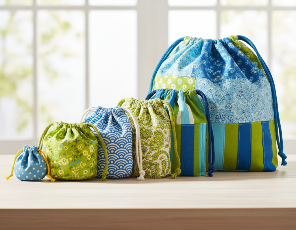 multiple drawstring bags in different sizes and patterns