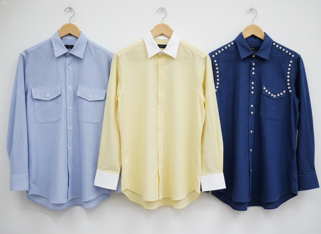multiple dress shirt variations in different fabrics