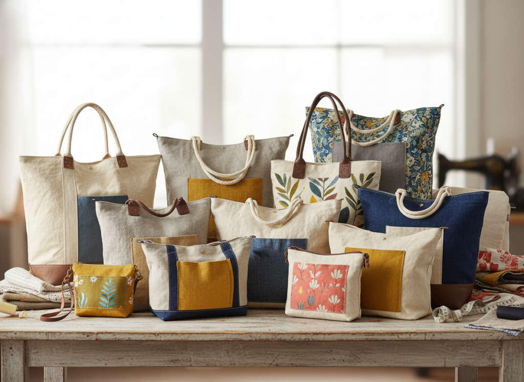 multiple tote bags in different fabrics and styles