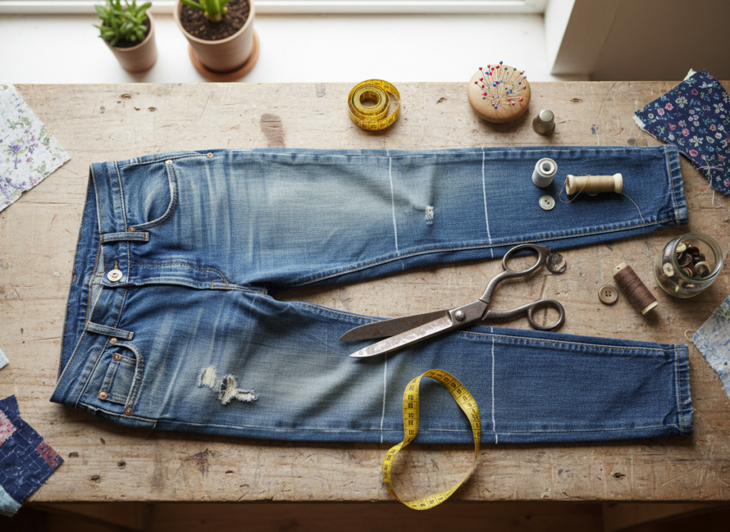 old jeans being cut and prepared for upcycling projects