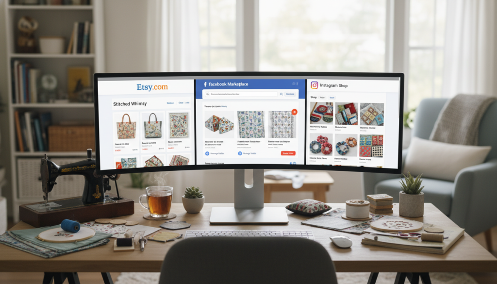 online shop dashboard showing handmade items for sale across multiple platforms