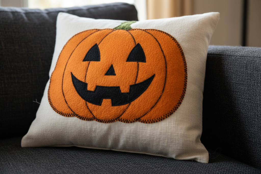 orange pumpkin applique halloween pillow on couch