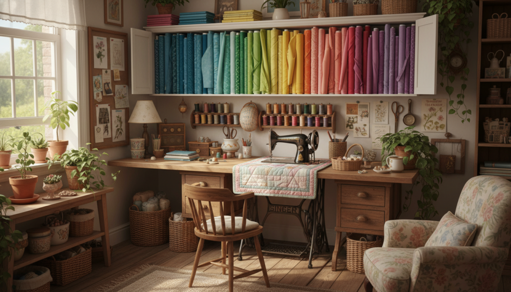 organized aesthetic sewing space with supplies and storage