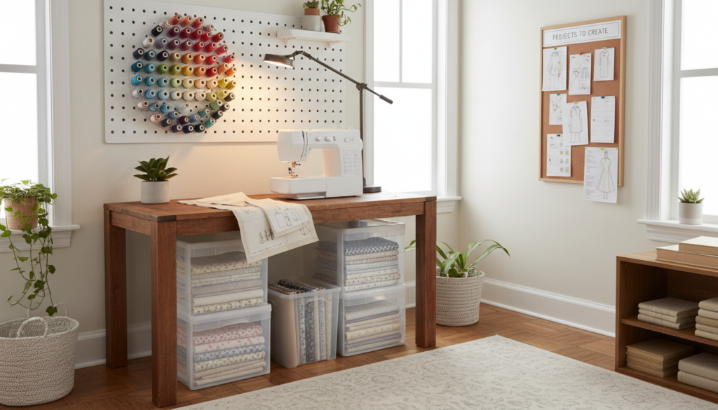organized and inspiring beginner sewing workspace