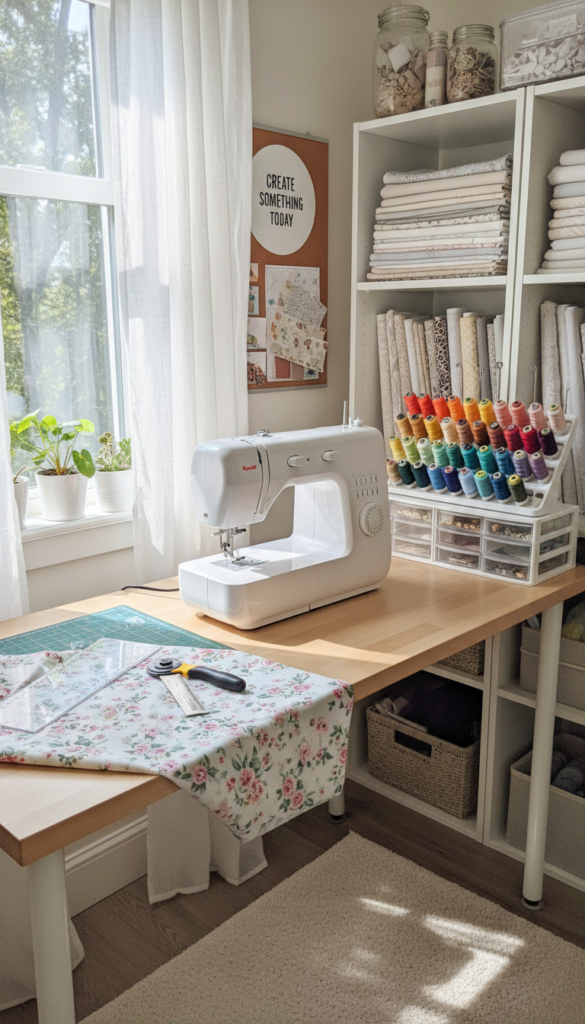 organized beginner sewing workspace bright natural light