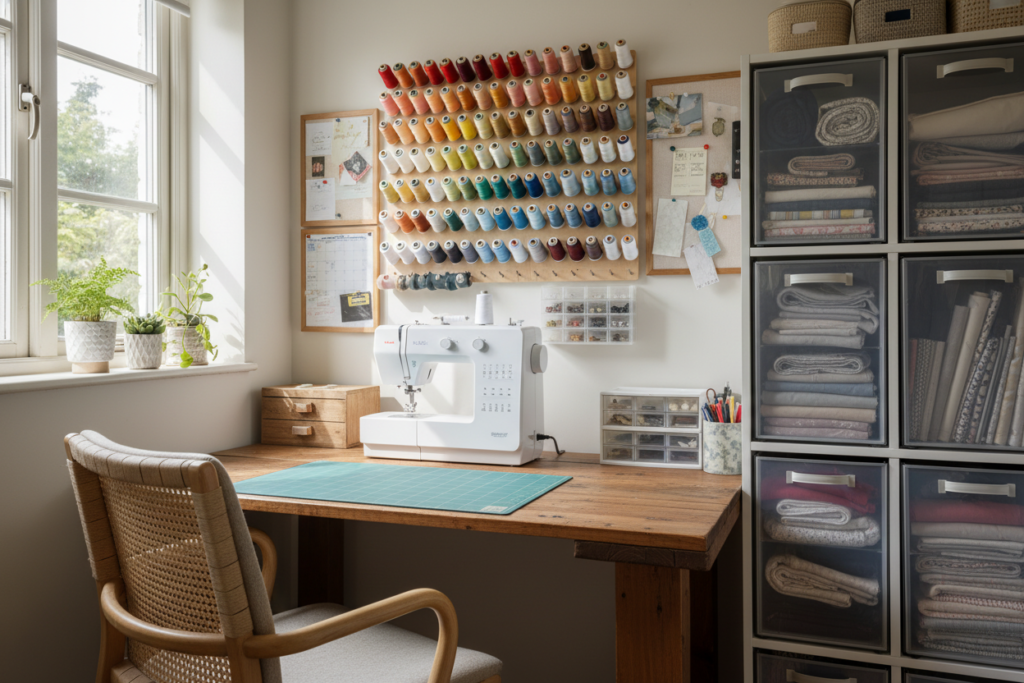 organized compact sewing workspace