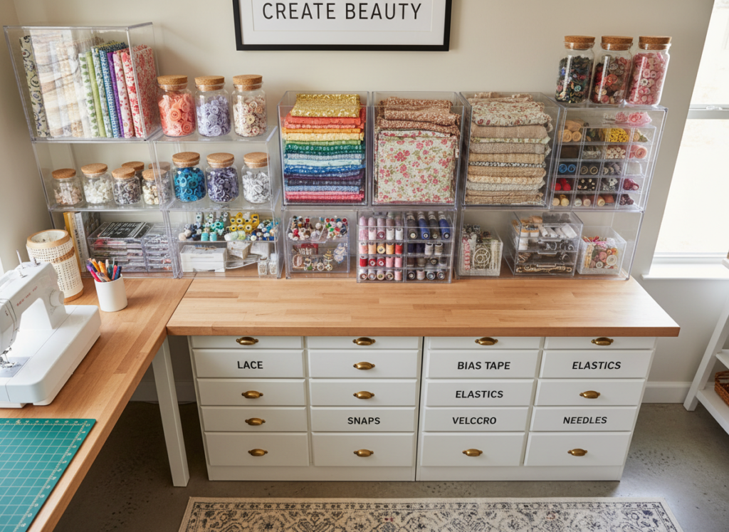 organized craft storage for barbie sewing supplies
