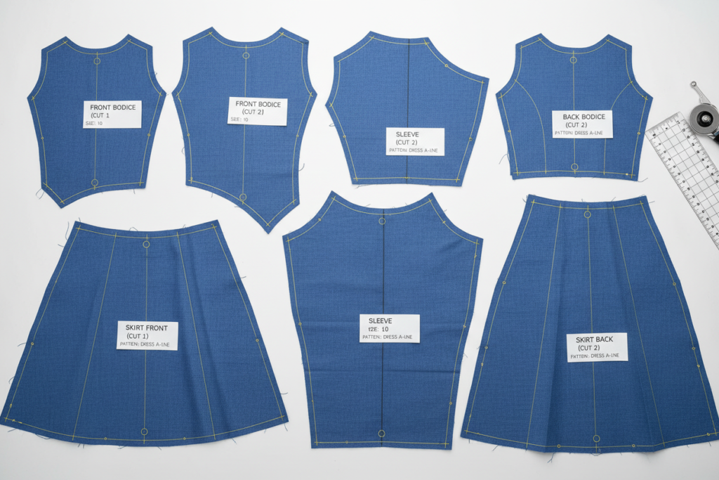 organized cut fabric pieces with pattern markings