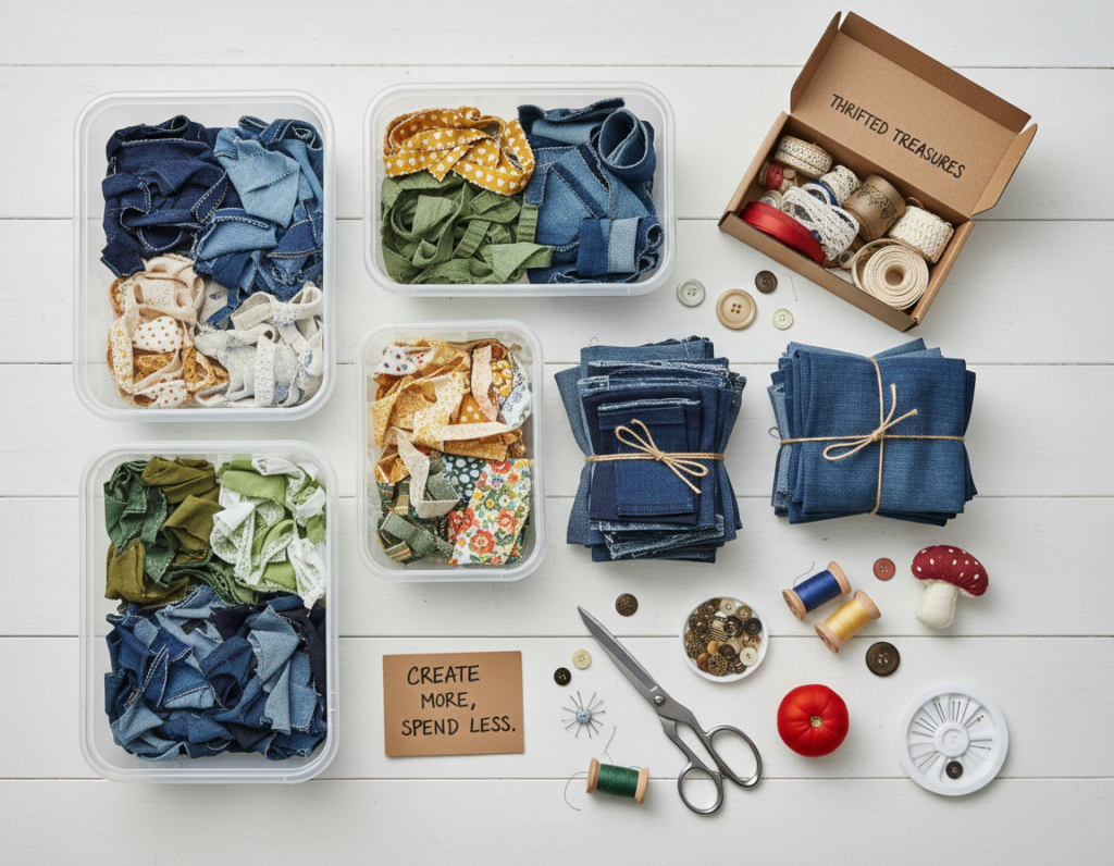 organized fabric scraps and budget-friendly materials for sewing projects