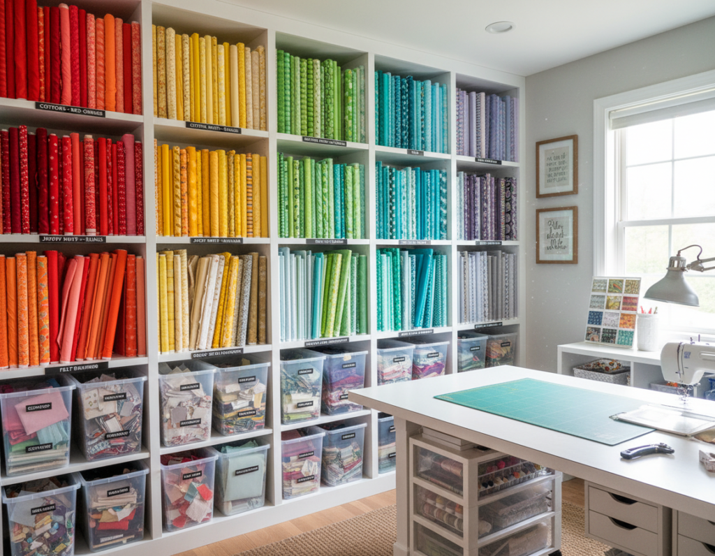 organized fabric storage with various materials sorted by type and color