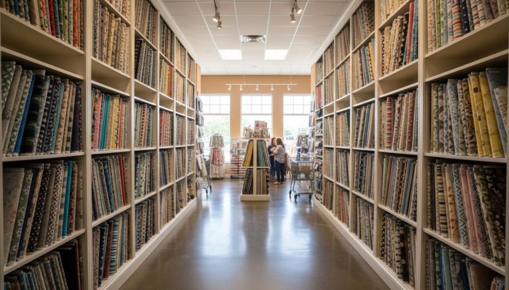 organized fabric store display with cotton prints