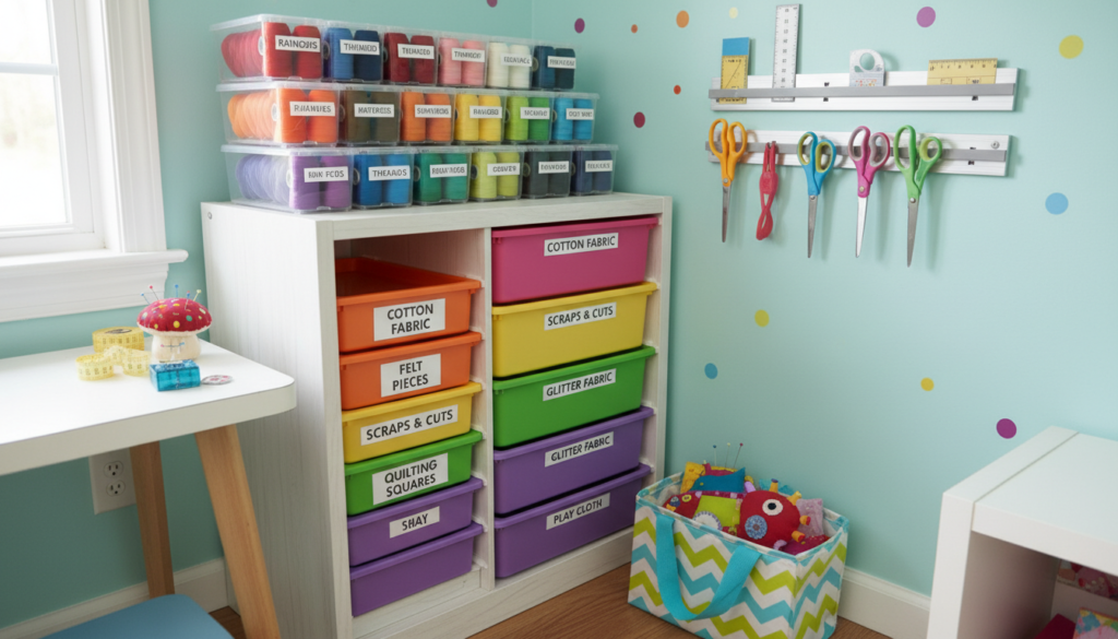 organized kids sewing supply storage system with labeled containers