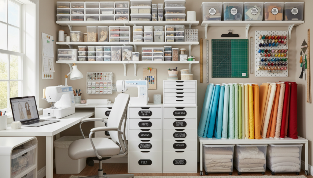 organized sewing room with labeled storage