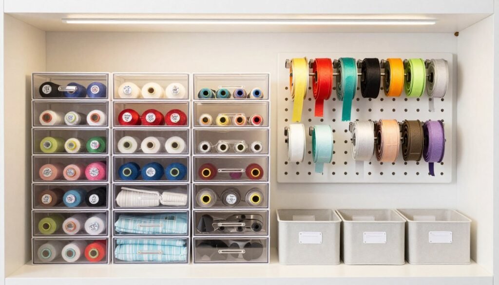 organized sewing storage with labeled containers and drawers