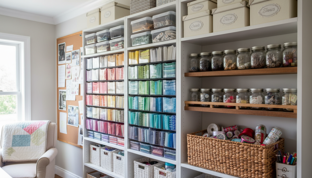 organized sewing supplies and fabric scraps in clear containers and baskets organized sewing supplies and fabric scraps in clear containers and baskets