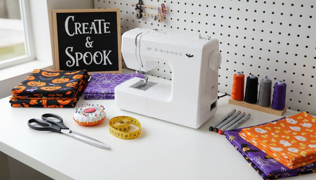 organized sewing supplies for halloween projects laid out on table
