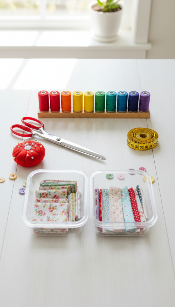 organized sewing supplies in containers on a craft table