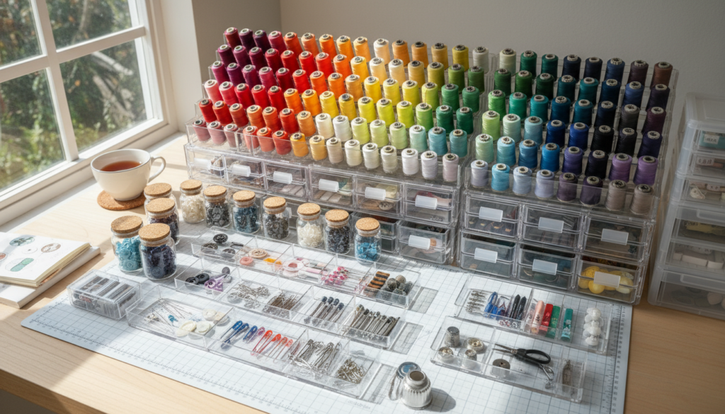 organized sewing supplies in storage containers
