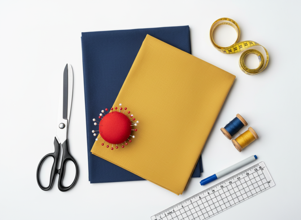 organized sewing supplies including fabric, scissors, pins, and measuring tape