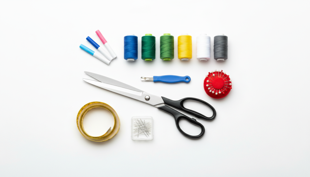 organized sewing tools and supplies on white background