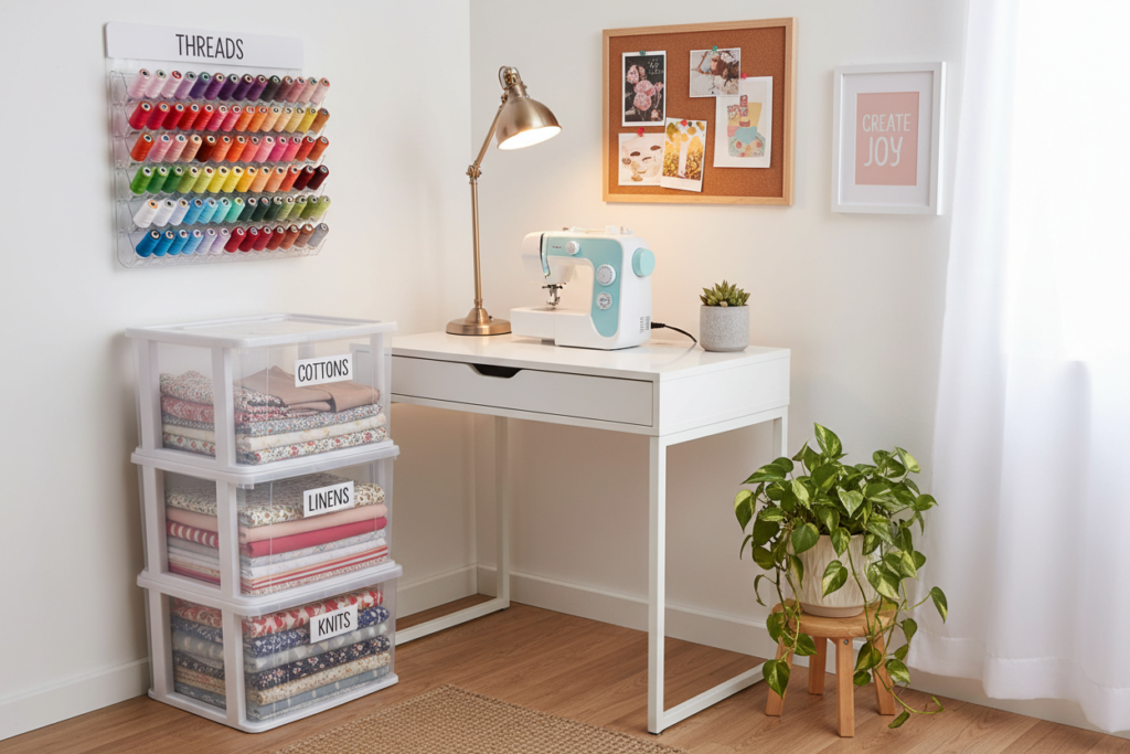 organized sewing workspace showing fabric storage and tools