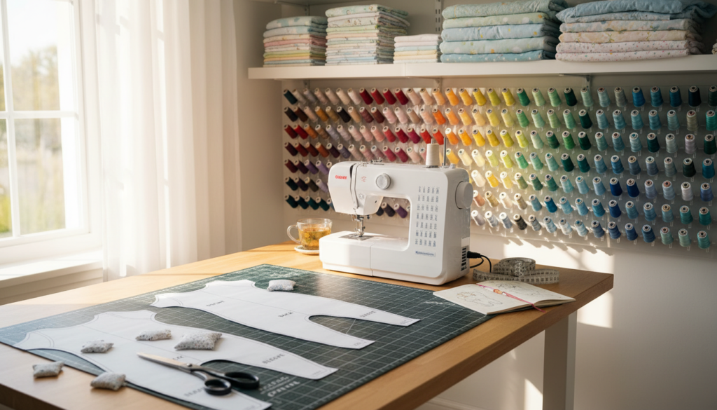 organized sewing workspace with baby projects
