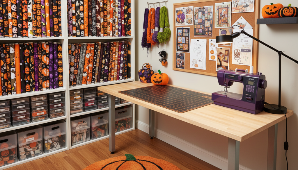 organized sewing workspace with halloween fabric and supplies