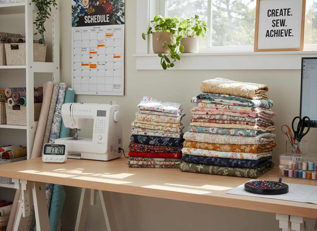 organized sewing workspace with production schedule and completed projects