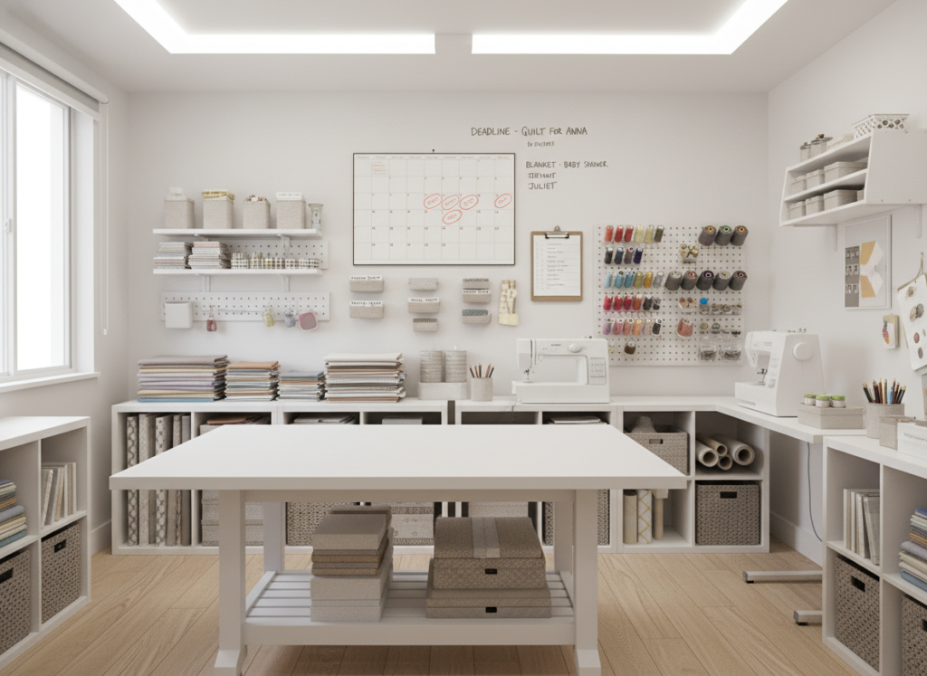 organized sewing workspace with project planning calendar for Christmas gift making
