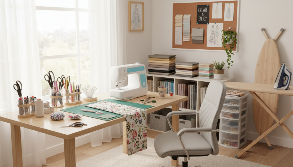 organized sewing workspace with tools