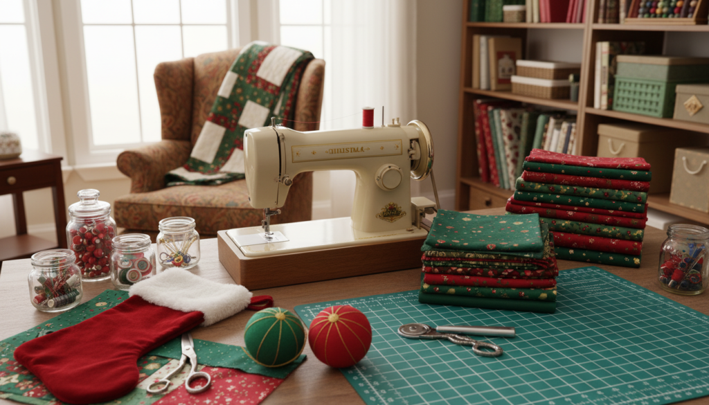 organized sewing workspace with tools, fabric, and christmas projects in progress
