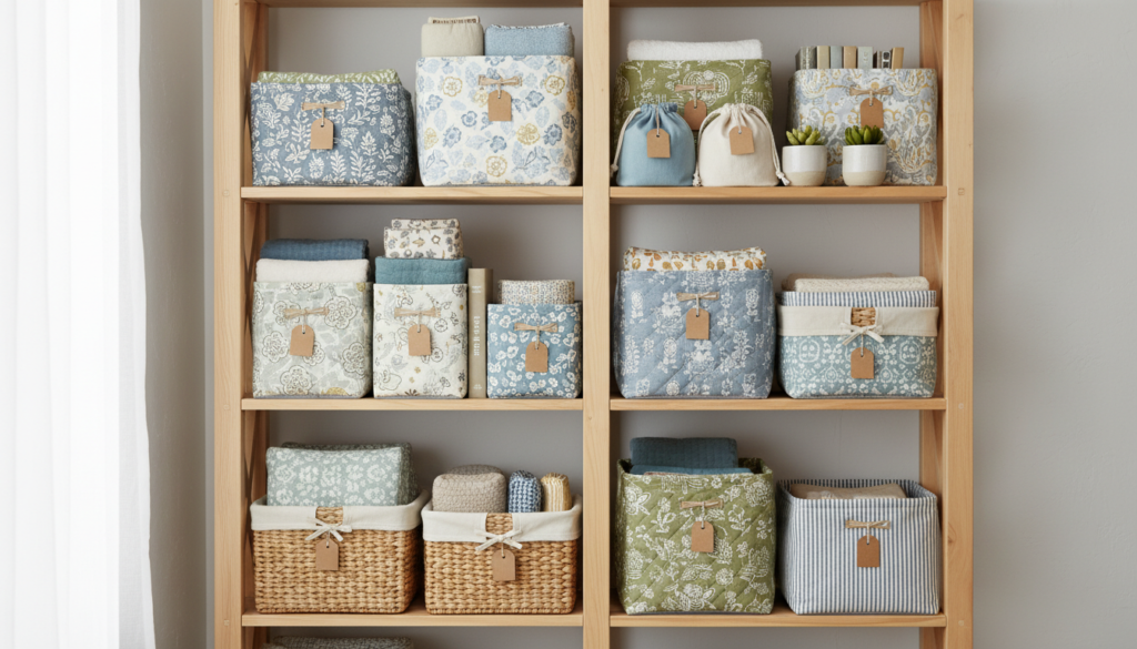 organized shelves with handmade fabric storage solutions